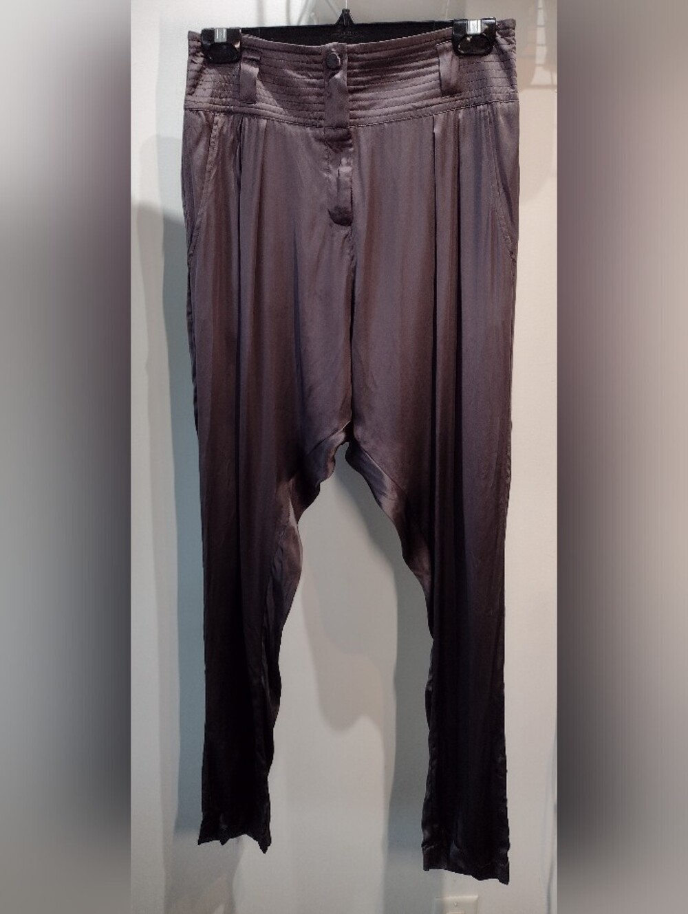100% Silk Mauve Gray Harem Jogger Pants (Sz S) Boho Luxury Parisian Modern Flowy - Picture 3 of 12
